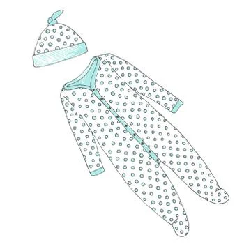 Infant bodysuit with a hat in peas. Vector illustration in sketch style Stock Illustration