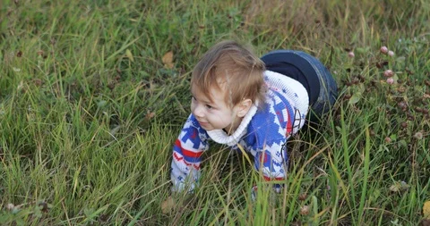 Infant boy falling in dense grass Stock Footage 119072587