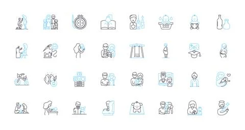 Infant linear icons set. Cooing, Diapers, Pacifier, Giggles, Milk, Swaddling Stock Illustration