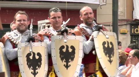 Infantry advancing step by step behind shields on parade Stock Footage 47965548
