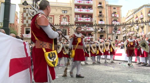Infantry advancing step by step behind shields and leader on parade Stock Footage 47965667