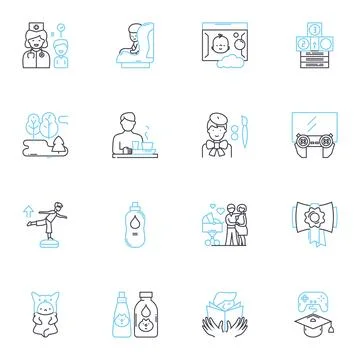 Infants linear icons set. Crying, Sleeping, Diapers, Milk, Coos, Pacifier Stock Illustration