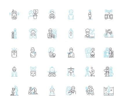 Infants linear icons set. Cuddly, Tiny, Innocent, Adorable, Sleepy, Delicate Stock Illustration