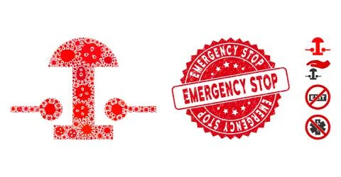 Infected Mosaic Emergency Stop Button Icon with Distress Round Emergency Stop Illustrazione stock