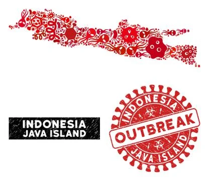 Infected Mosaic Java Island Map with Textured OUTBREAK Watermark Ilustração Stock