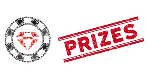 Infected Mosaic Ruby Casino Chip Icon and Distress Prizes Stamp with Lines Illustrazione stock