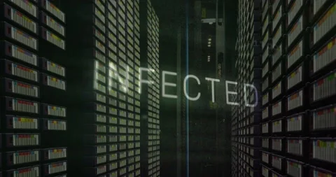 Infected text and microprocessor connections against close up of a computer Vídeo Stock 196888626