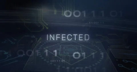 INFECTED text pulsing over dark grid layout, displaying flat design circuit Stock Footage 307443092
