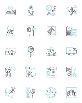 Infection linear icons set. Bacteria, Virus, Contagion, Outbreak, Antibiotics Stock Illustration