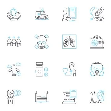 Infection linear icons set. Bacteria, Virus, Contagion, Outbreak, Antibiotics Stock Illustration