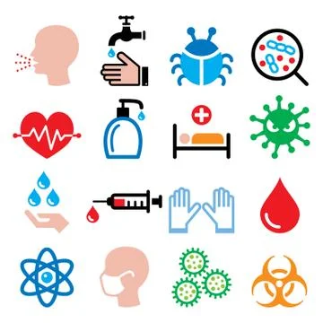Infection, virus, sickness, getting flu - health icons set Stock Illustration