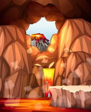 Infernal cave with lava scene Stock Illustration