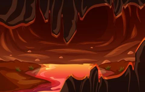 Infernal dark cave with lava scene Stock Illustration