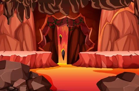 Infernal dark cave with lava scene Stock Illustration