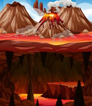 Infernal dark cave with lava scene Stock Illustration