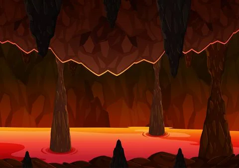 Infernal dark cave with lava scene Stock Illustration