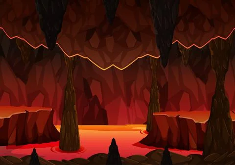 Infernal dark cave with lava scene Stock Illustration