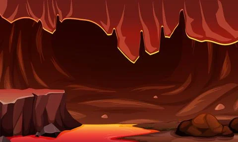Infernal dark cave with lava scene Stock Illustration