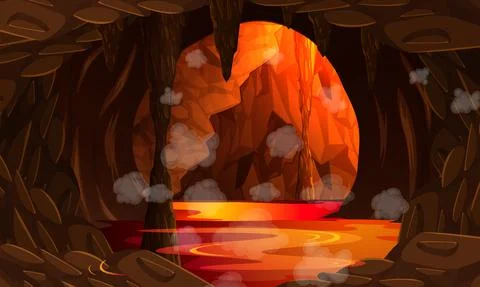 Infernal dark cave with lava scene Stock Illustration