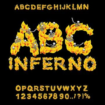 Inferno ABC. Hell font. Fire letters. Sinners in hellfire. hellish Alphabet.  Stock Illustration