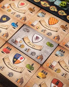 Inferno board game components close up with soul tokens Stock Photos