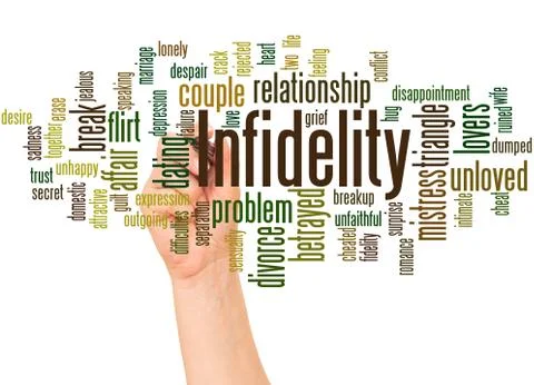 Infidelity word cloud and hand with marker concept Stock Photos