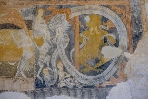 Infierno representado por una gran serpiente de doble cabeza, fresco romnico, Stock Photos