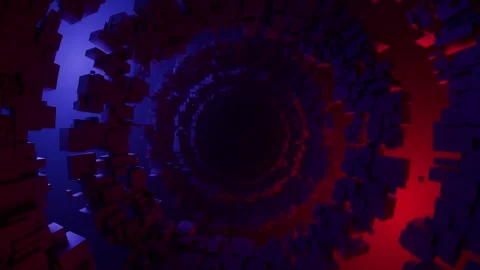 Infinite 3D tunnel made of floating circles of blocks with red and blue lights Stock Footage 340183239