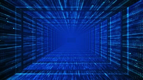 Infinite blue server corridor visual layered cube frames, rushing data lines, br Stock Footage 340527076