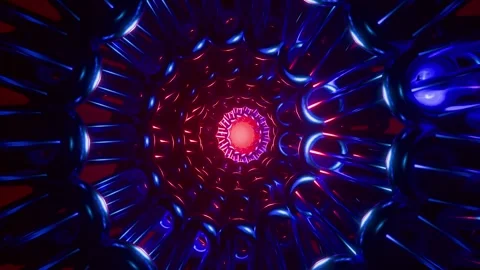 Infinite flight through a dark metallic pipe tunnel with a glowing pink and red Video stock 337184920