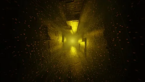 Infinite loop through a futuristic yellow sci-fi city. Illuminated vanishing Stock Footage 218586148
