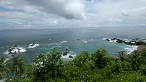 Infinite sea viewed from a viewpoint on top of the trees over a paradisiac Vídeo Stock 209486393