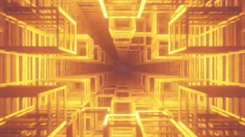 Infinite Yellow Orange Hi Tech Wireframe Tunnel Stock Footage 133617899