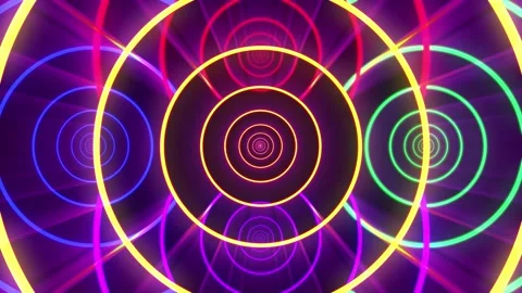 Infinite zoom in seamless loop 5 circle system in multiple neon color and purple Stock Footage 148252027