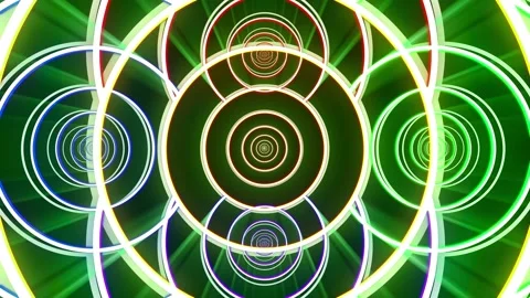 Infinite zoom in seamless loop 5 circle system in neon color and green light ray Stock Footage 148252029