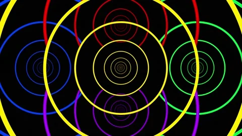 Infinite zoom in seamless loop 5 circle system in multiple neon color Stock Footage 148252123