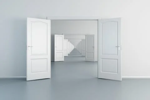 Infinity empty white rooms with opened doors Stock Illustration