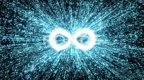 Infinity explosion - blue particles streaming from symbol in space Stock Illustration