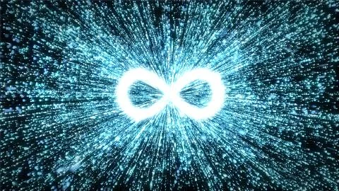 Infinity explosion - blue particles streaming from symbol in space Illustrazione stock