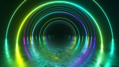 Infinity flight inside tunnel, neon light abstract background, round arcade Stock Footage 119840375