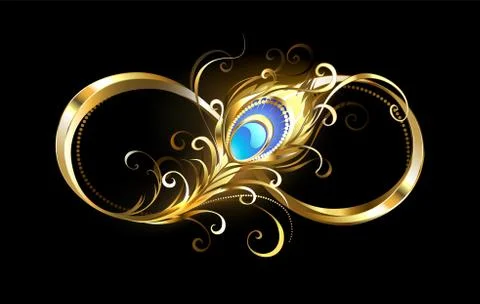 Infinity with golden peacock feather Stock Illustration