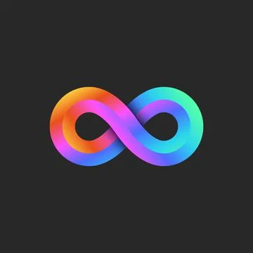 Infinity logo 3d geometric shape, bright gradient endless loop tech symbol. Stock Illustration