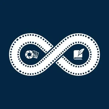 Infinity Loop Film Strip with Camera Aperture and Open Book Icons on Blue Stock Illustration