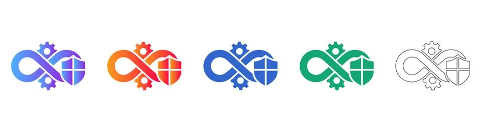 Infinity Loop with Gear and Shield Icon Set Stock Illustration