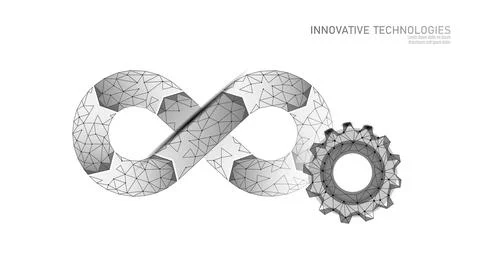 Infinity loop with gear concept. Everlasting symbol endless process polygonal Stock Illustration