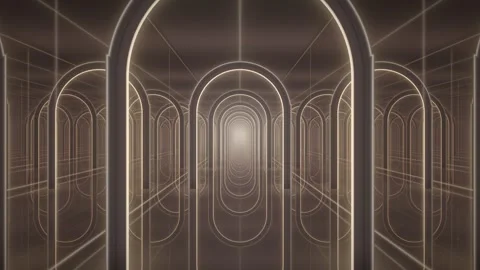 Infinity Mirror Corridor with Glowing Gold Arches Seamless Loop 库存影片 347071705