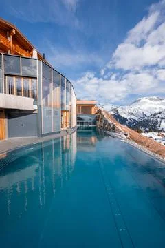Infinity pool at alpine hotel in Oberlech, Lech am Arlberg, Austria Stock Photos