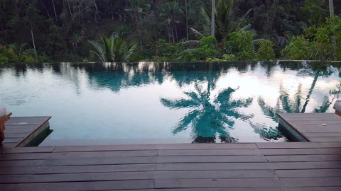 Infinity pool in the jungle with palm trees reflections, 4K Video stock 120952611