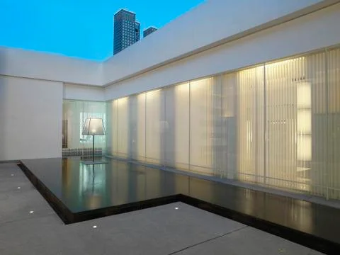 Infinity pool with large lamp on patio Foto stock