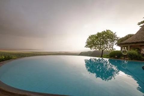 Infinity pool overlooking Lake Manyara Tanzania Stock Photos